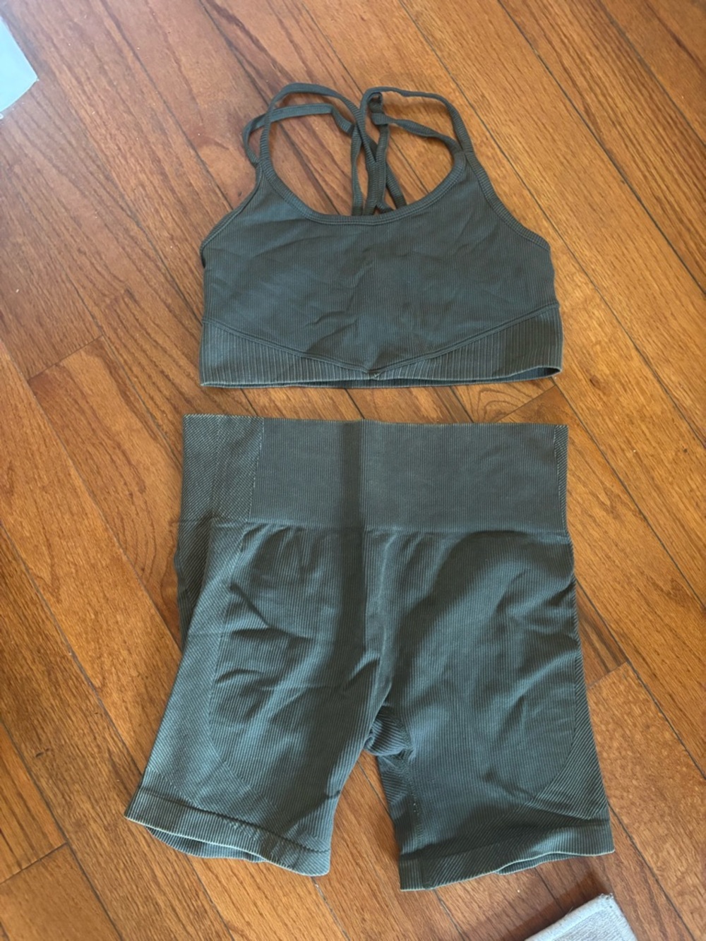 JoyLab Olive Green Seamless Strappy Sports Bra & High-Waist Bike Shorts